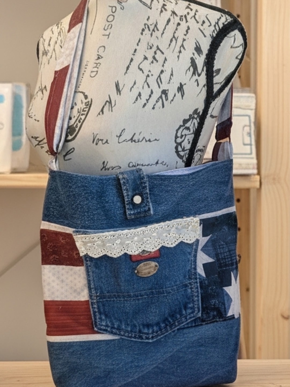 Denim Patchwork Crossbody Bag in Blue and Red